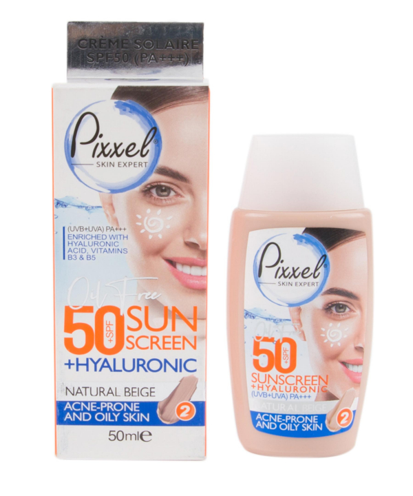 ضد آفتاب رنگ بژ طبیعی پیکسل با Spf50 مناسب پوست چرب و جوش دار حجم 50 میلی لیتر
