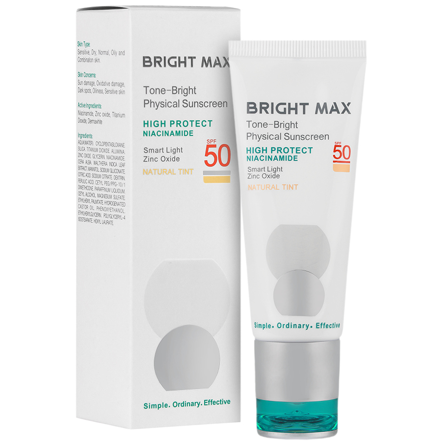 ضد آفتاب فیزیکال بی رنگ برایت مکس مدل Tone Bright با SPF 50 حجم 40 میلی لیتر