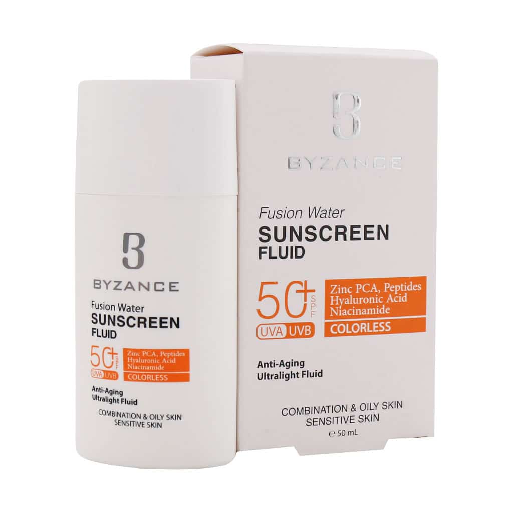 فلویید ضد آفتاب بیزانس مدل فیوژن واتر حاوی ضد چروک با SPF50 حجم 50 میلی لیتر